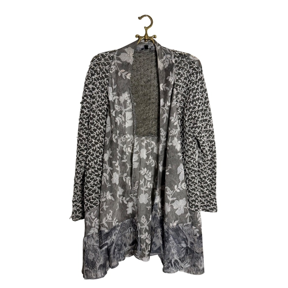 Coco + Carmen Gray Floral Mixed Print Open Front Cardigan L/XL Boho‎ Lagenlook